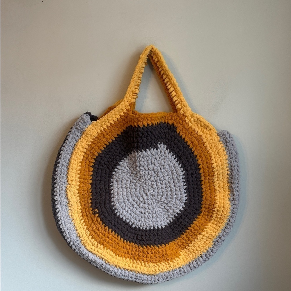 Handmade Crochet Round Tote Bag in Yellow and Gray